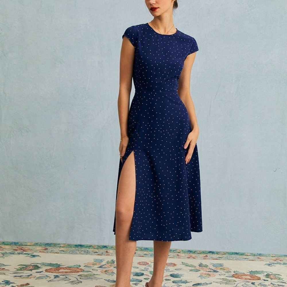 RIHOAS Navy Blue Polka Dot Midi Dress